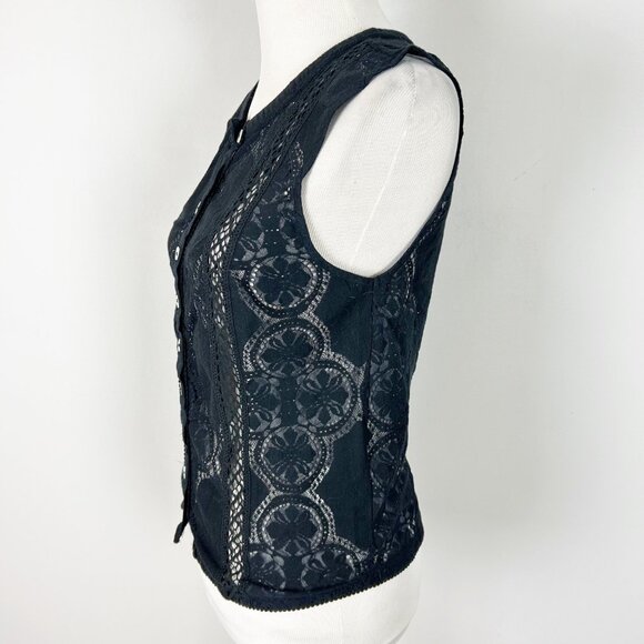 Free People Black Lace Sheer Button Front Sleeveless Top Size Large Women's - Picture 2 of 5